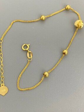 ✨ 18K Solid Gold Beaded Bracelet Au750 Cat Eye Beads Heart Charm 7.1” Adjustable